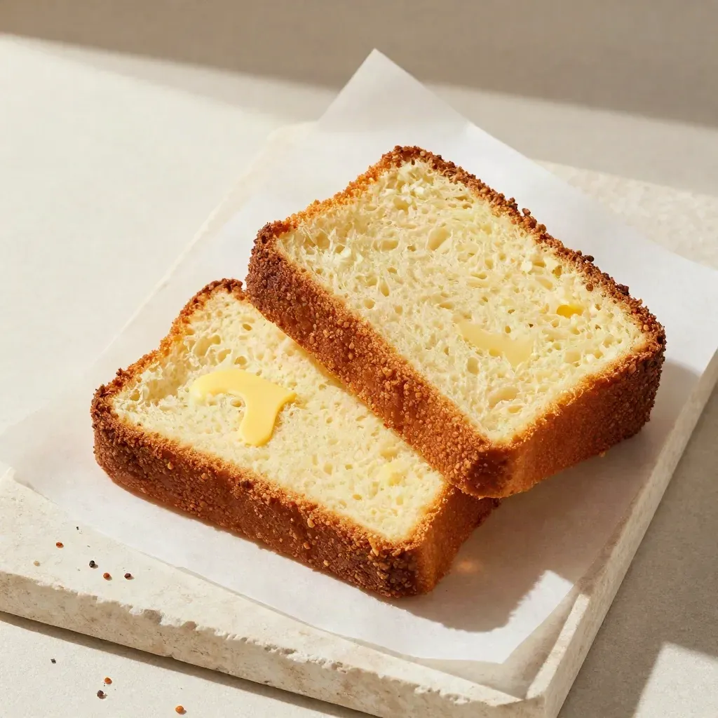 Overhead butter cake slices on linen and stone with crumbs and parchment.