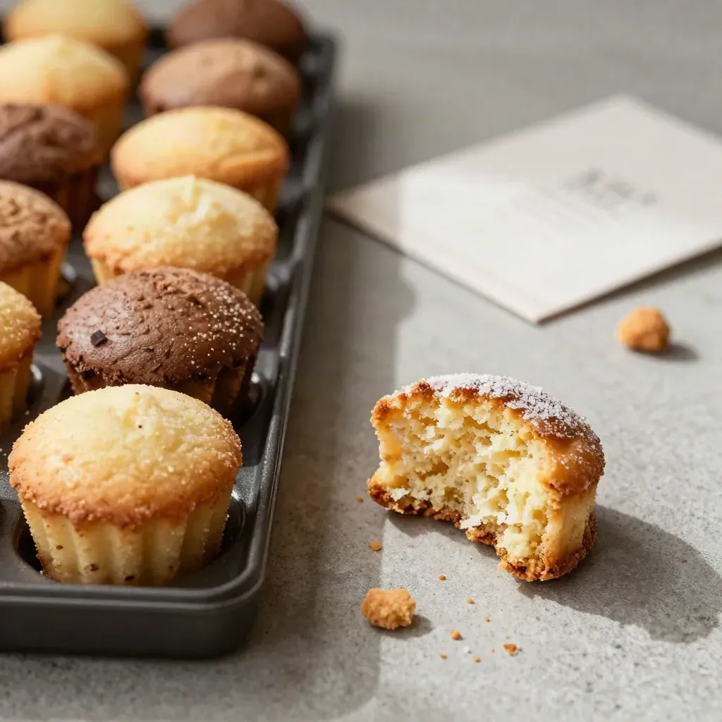 Mini cakes, cookies and pastry pieces in trays on concrete with crumbs and soft light.