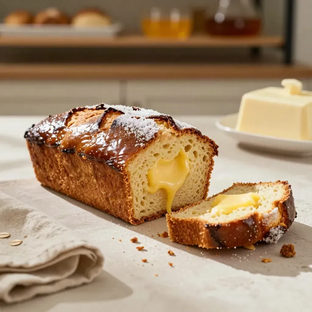 Glazed Dutch butter cake loaf sliced open on warm plaster with sugar dust and linen.