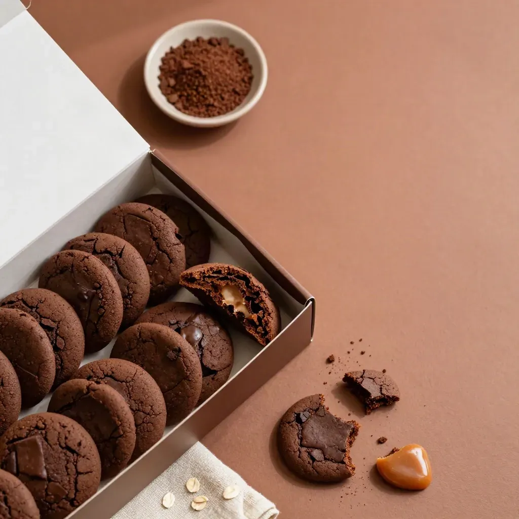 Top-down chocolate cookie box with ten cookies, crumbs, linen, and terracotta surface.