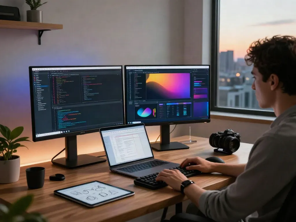 Tech workspace with developer coding for instant indexing strategies in a modern office.